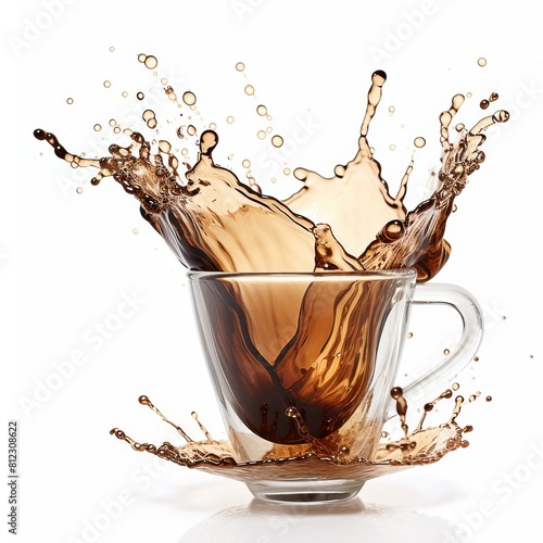 Vibrant splash of coffee captured against a stark white background, Ai Generated