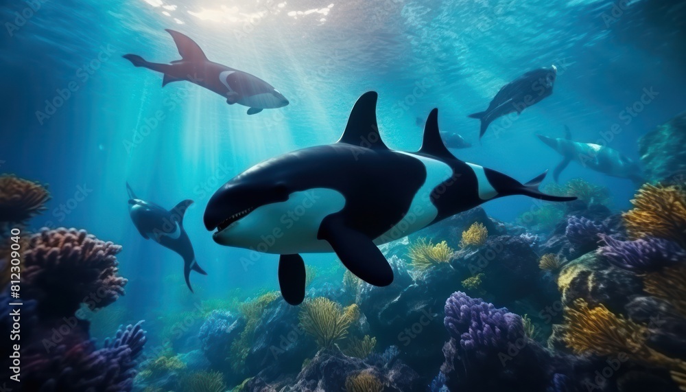 Fototapeta premium The Orcinus Orca in the ocean, portrait of Orca hunting prey in the underwater
