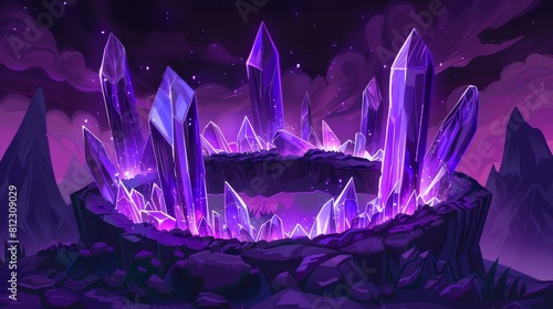 Mystical crystals float around a secret mountain, Ai Generated photo