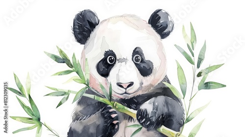 In a sweet and simple watercolor painting  a kawaii panda munches bamboo  Clipart minimal watercolor isolated on white background