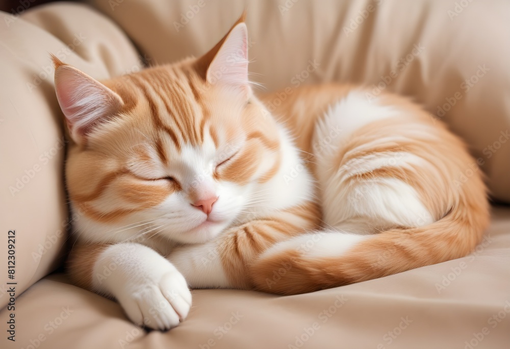 A cute cat sleeping, laying on a couch in a warm house. Close up. 