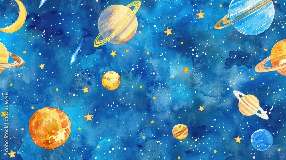 Fototapeta premium A stunning watercolor illustration captures a seamless pattern of hand painted celestial bodies like planets stars the moon meteors and asteroids including Pluto Uranus and Venus set agains