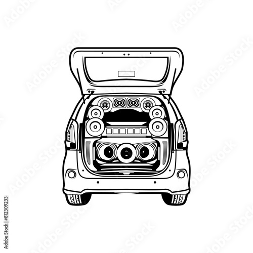 family car audio modification rear view black and white line art