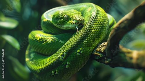 A vibrant green tree snake curled around a branch, its forked tongue flickering out in curiosity photo