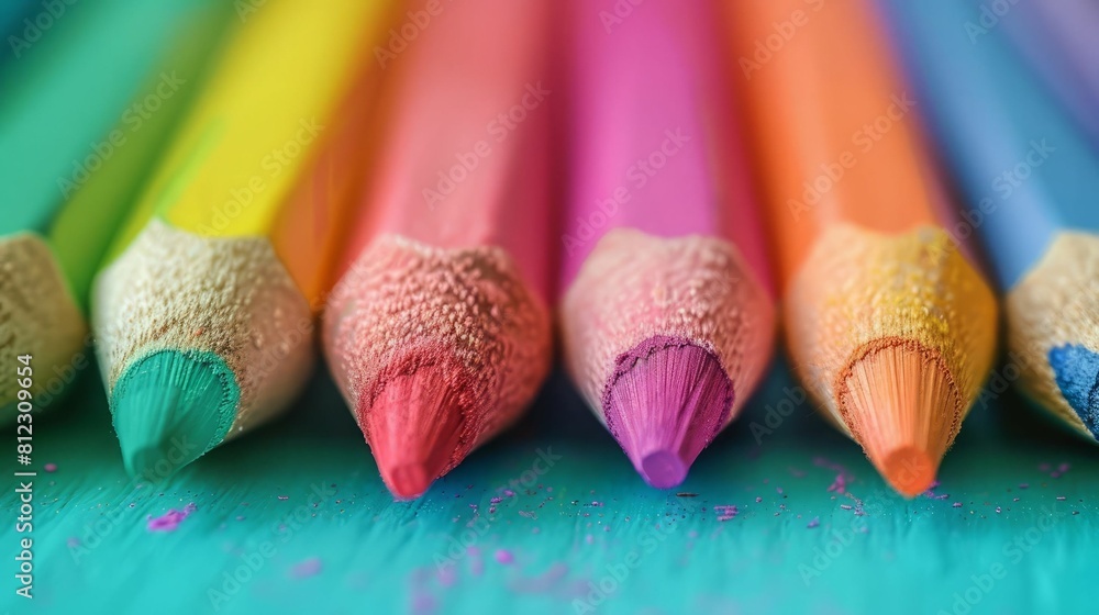 A row of sharpened colored pencils against a blue background. A row of sharpened colored pencils against a blue background.