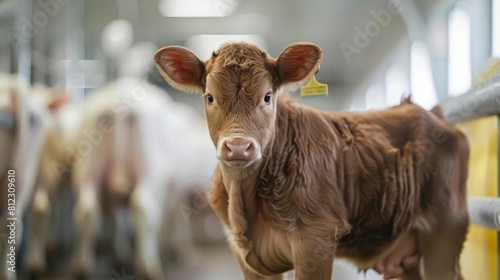 A brown calf standing in a barn looking at the camera.