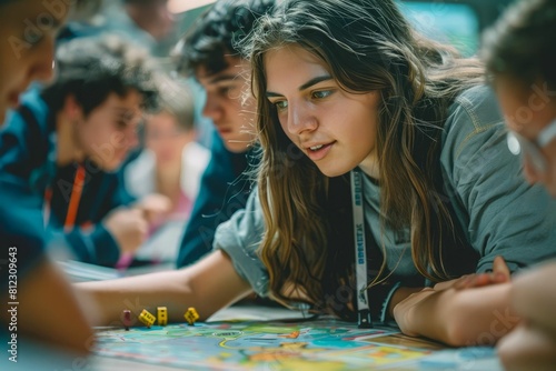 A group of teenagers are playing a board game together.