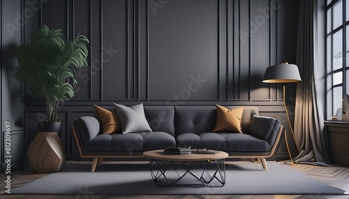 Living room in gray and black colors. Blank empty dark room interior. Design in minimalist style. Graphite modern sofa and herringbone beige accent. 3d rende