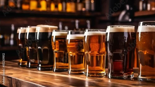 Craft beer on wooden bar. Tap beer in pint glasses arranged in a row.. photo