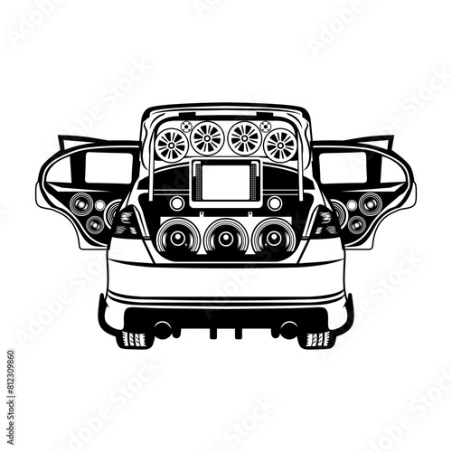 red super car audio modification open door rear view black and white line art