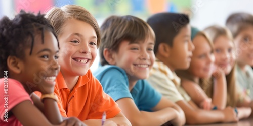 Happy diverse children sitting in a classroom setting showing enjoyment in learning environment