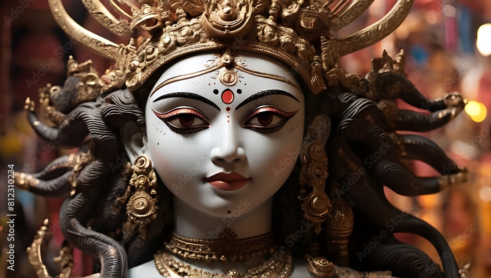 Goddess Durga with traditional look in close up view. Durga Puja Idol, A biggest Hindu Navratri festival in India generate ai