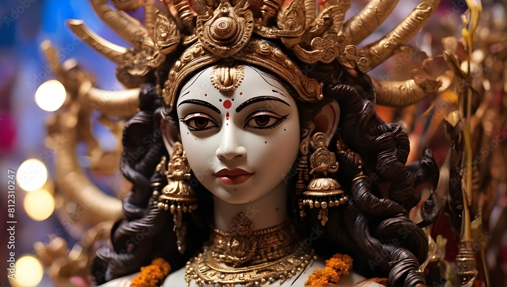 Goddess Durga with traditional look in close up view. Durga Puja Idol, A biggest Hindu Navratri festival in India generate ai Goddess Durga with traditional look in close up view. Durga Puja Idol, A biggest Hindu Navratri festival in India generate ai