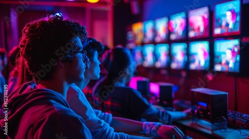 Young gamers in the gaming room with colorful lights