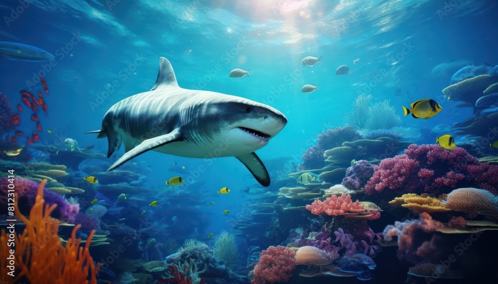 The Giant Sharks in the ocean, portrait of Shark hunting prey in the underwater The Giant Sharks in the ocean, portrait of Shark hunting prey in the underwater