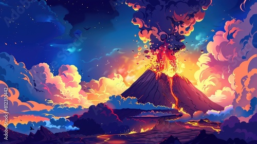 Geological Theme With Dynamic Volcano Eruption, Molten Lava And Billowing Smoke, Volcanic Activity