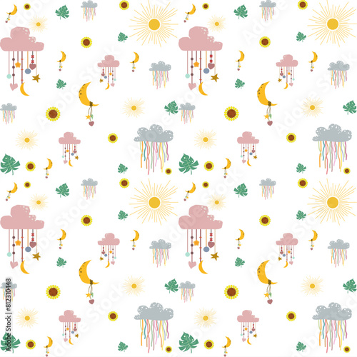 Cute clouds rainbow rain with sunflowers, moon, sun, monsters leaf on white background seamless pattern. Kawaii design for fabric, baby decoration, element, texture, textile, embroidery, ornament