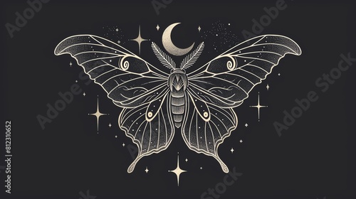 A minimal line drawing of a luna moth with a crescent moon and stars photo