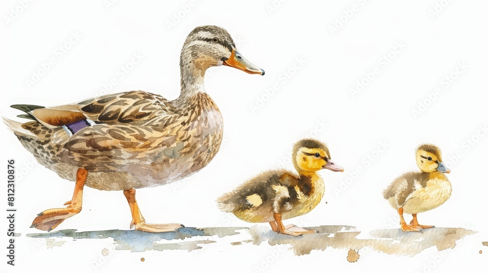 This watercolor painting captures a baby duckling following its mother, so cute and heartwarming, Clipart minimal watercolor isolated on white background This watercolor painting captures a baby duckling following its mother, so cute and heartwarming, Clipart minimal watercolor isolated on white background
