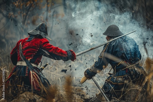 two men dressed in period costumes fighting in a field photo