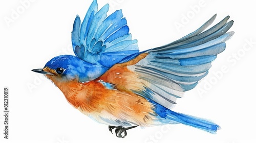 This pretty watercolor painting of a baby bluebird learning to fly is truly engaging, Clipart minimal watercolor isolated on white background photo