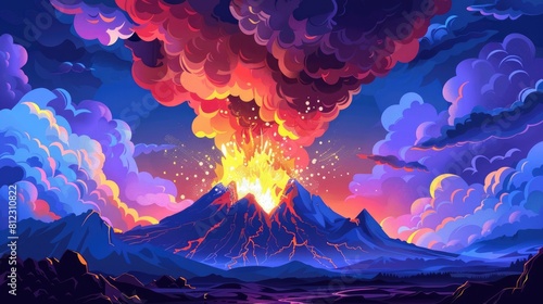 Dynamic Volcano Eruption, Molten Lava And Billowing Smoke, Volcanic Activity For Geological Theme