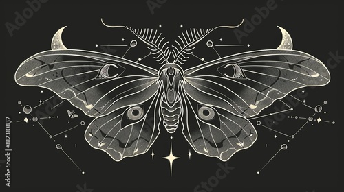 An intricate line drawing of a moth with crescent moons and stars.