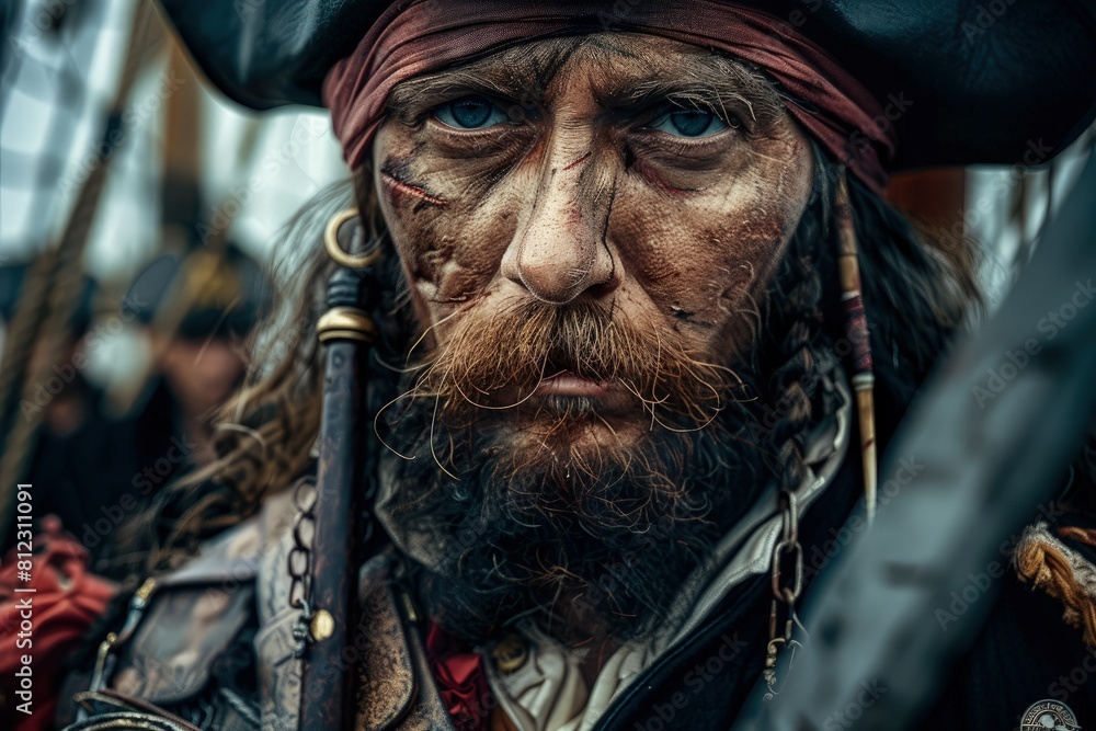 a close up of a person wearing a pirate costume