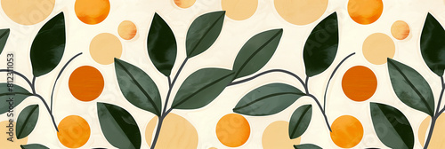 Majolica pattern on tiles featuring leaves and chickpeas in a flat design style. The color palette includes white, beige, saffron, and green, creating a harmonious and inviting composition. 