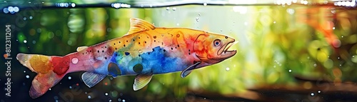 A closeup of a salmons mouth, unintentionally filled with microplastics while feeding, in a polluted river