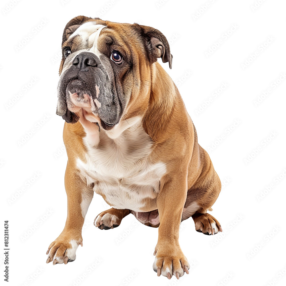 English Bulldog Puppy with Brindle Coat Gazing Sideways, Isolate, PNG......