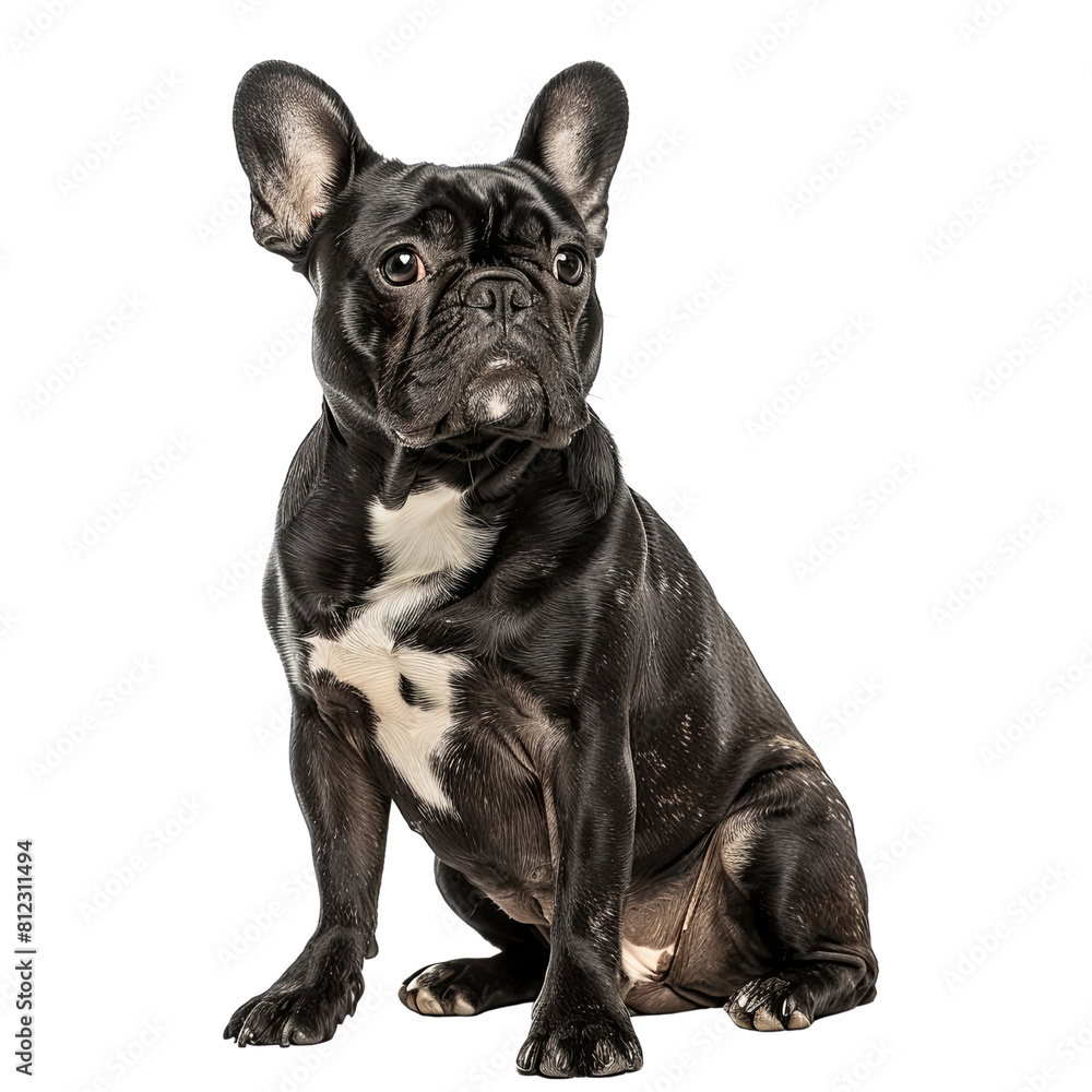 Black French Bulldog Sitting with Attentive Gaze, Isolate, PNG.