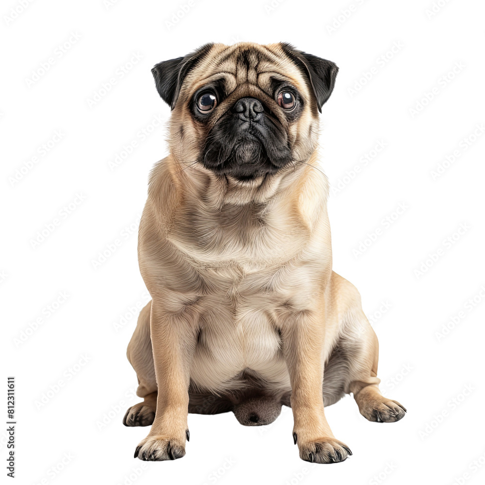 Adorable Pug Dog Sitting on White Background, Isolate, PNG. Adorable Pug Dog Sitting on White Background, Isolate, PNG.