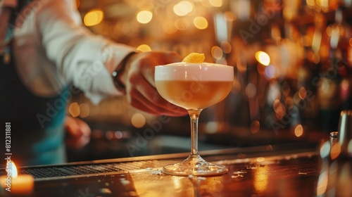 Bartender serving a golden cocktail in a glass adorned with smooth pink foam on the bar counter photo