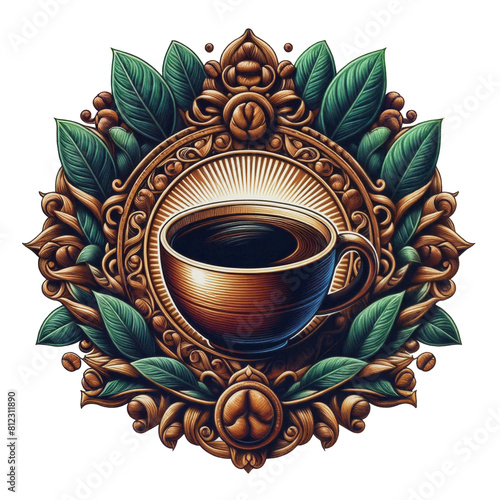 Vintage Emblem of Stylized Coffee Cup Surrounded by Ornamental Beans and Leaves, isolated (cut) background photo
