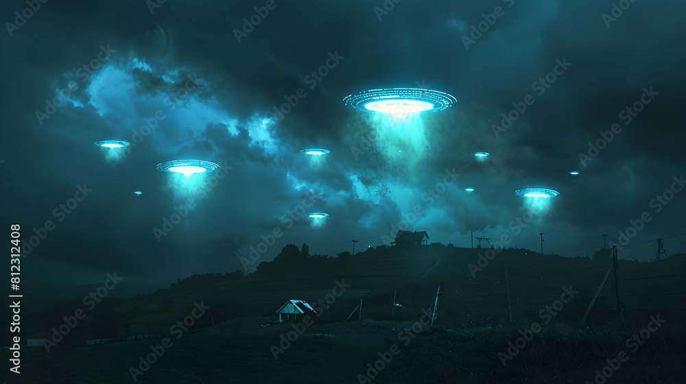 Enigmatic Encounter: UFOs Emerged from the Clouded Night Sky over Rural Landscape