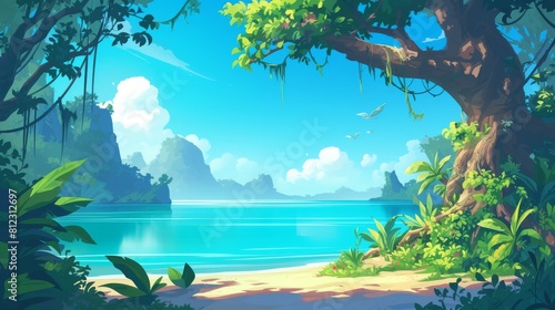 Tropical beach with palm trees and blue sky, illustration