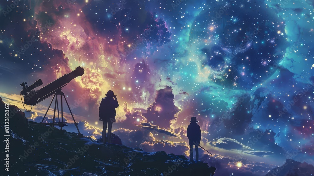 Illustrate a scene of astronomers peering through a powerful telescope ...