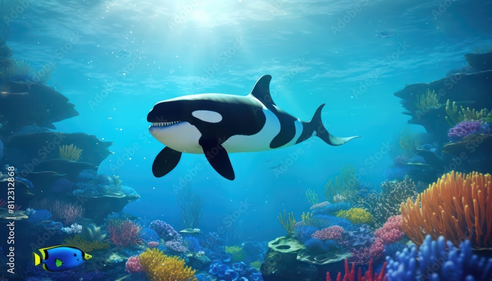 The Orcinus Orca in the ocean, portrait of Orca hunting prey in the underwater The Orcinus Orca in the ocean, portrait of Orca hunting prey in the underwater