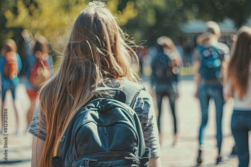 Girl with Backpack and Friends, Going to Class Together. Girl with Backpack and Friends, Going to Class Together.