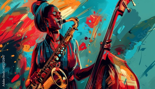 Illustrate a scene of a jazz singer belting out heartfelt lyrics, accompanied by the smooth melodies of a saxophone and the rhythmic pulse of a double bass