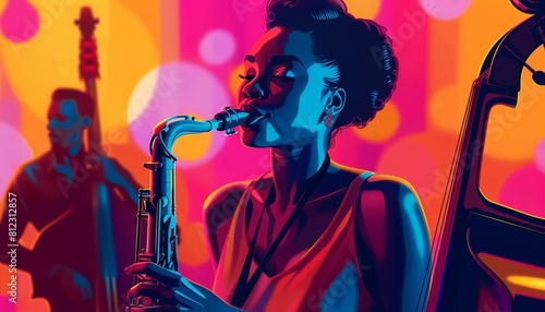 Illustrate a scene of a jazz singer belting out heartfelt lyrics, accompanied by the smooth melodies of a saxophone and the rhythmic pulse of a double bass photo