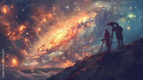 Illustrate a scene of astronomers peering through a powerful telescope, capturing stunning images of distant galaxies and nebulae © Nawarit