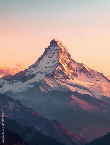  sunset view of a snow-capped mountain. The warm golden light of the setting sun gives it an ethereal glow. Other peaks and valleys are in cool tones  contrasting with the vibrant sunset sky