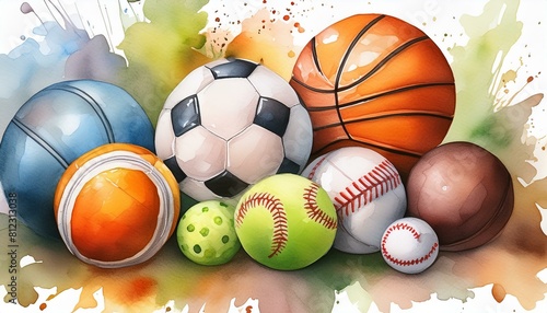 Watercolor Sports balls Hand drawn colorful clipart
