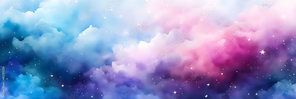 Watercolor sky with clouds and stars, dreamy, soft blue purple and pink color background , banner	