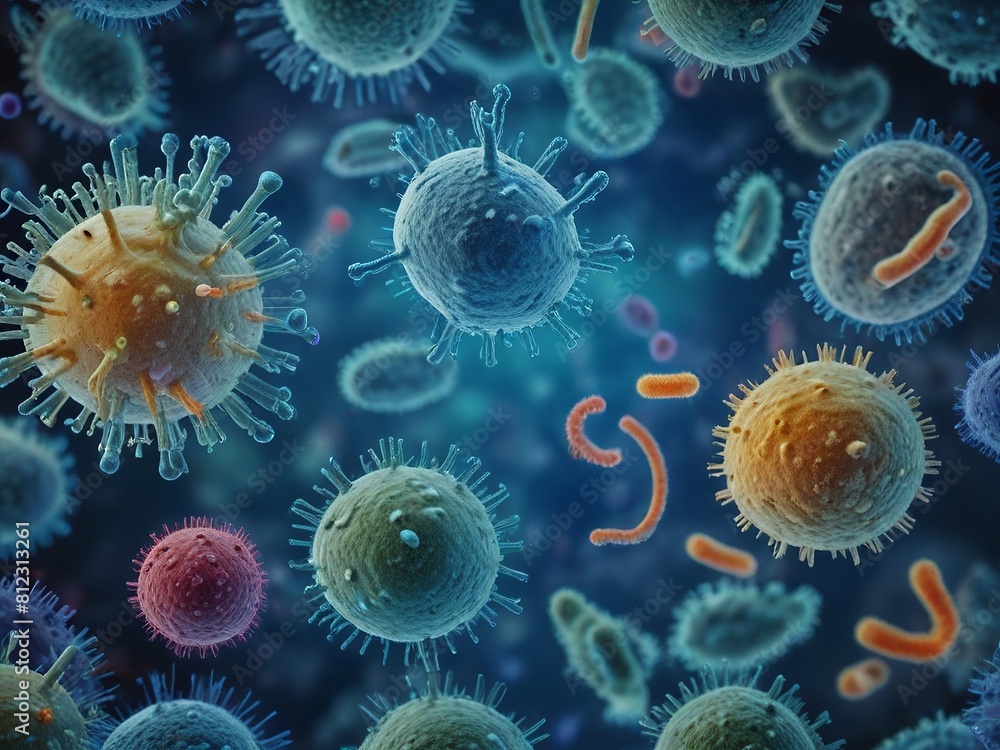 Close-up of viral cells and bacteria. Viral infection. Generative AI Close-up of viral cells and bacteria. Viral infection. Generative AI