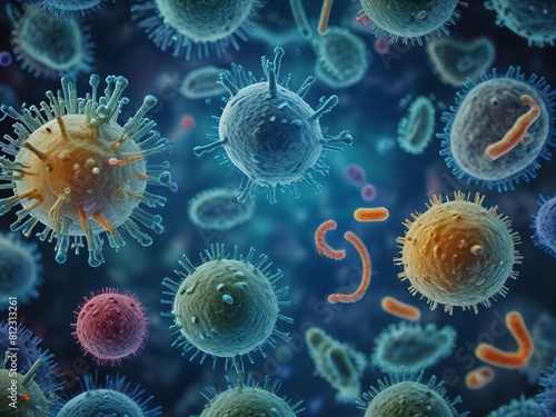 Close-up of viral cells and bacteria. Viral infection. Generative AI