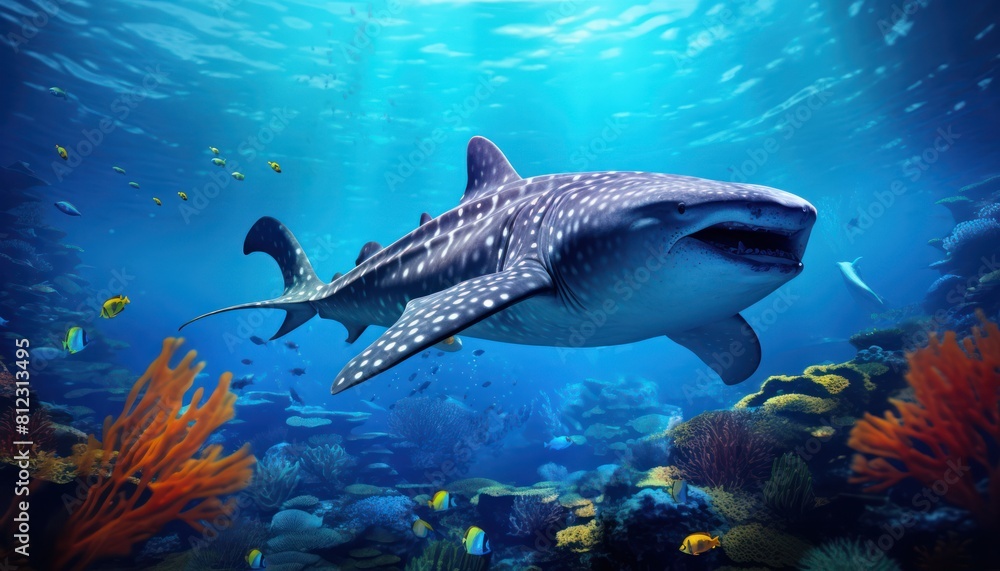 Fototapeta premium The Giant Sharks in the ocean, portrait of Shark hunting prey in the underwater