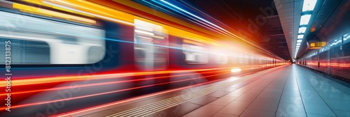 Long exposure captures the blur of a train in motion at a city train station  with vibrant light trails and a sense of speed